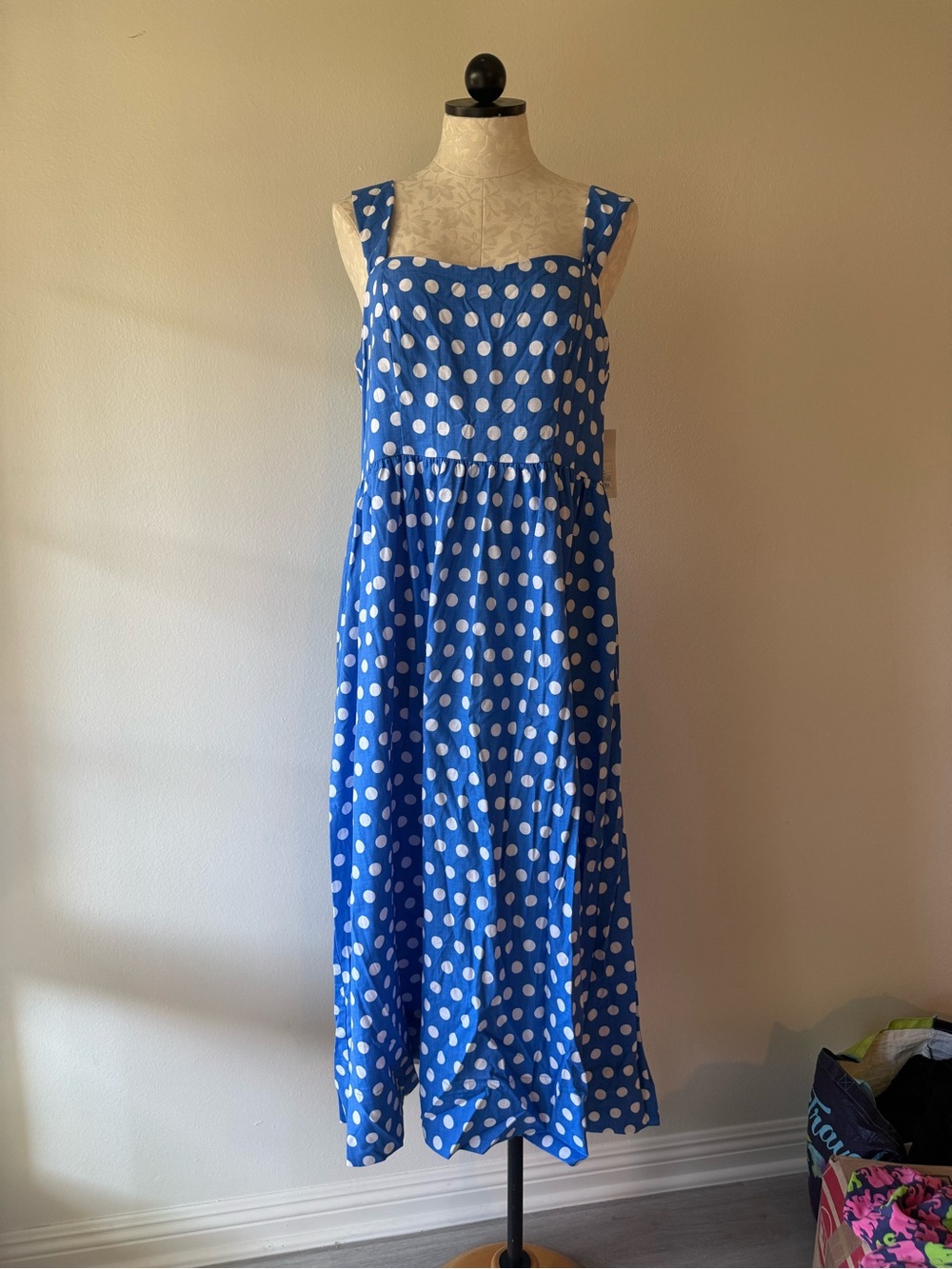 NWT New A New Day Blue Polka Dot Maxi Dress Large Sundress Sweet Heart  Neckline